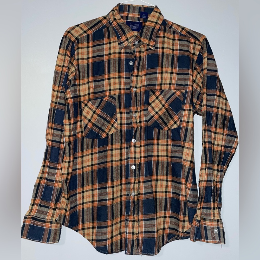🍊Vintage Sears Men's Plaid Shirt in Orange and Blue